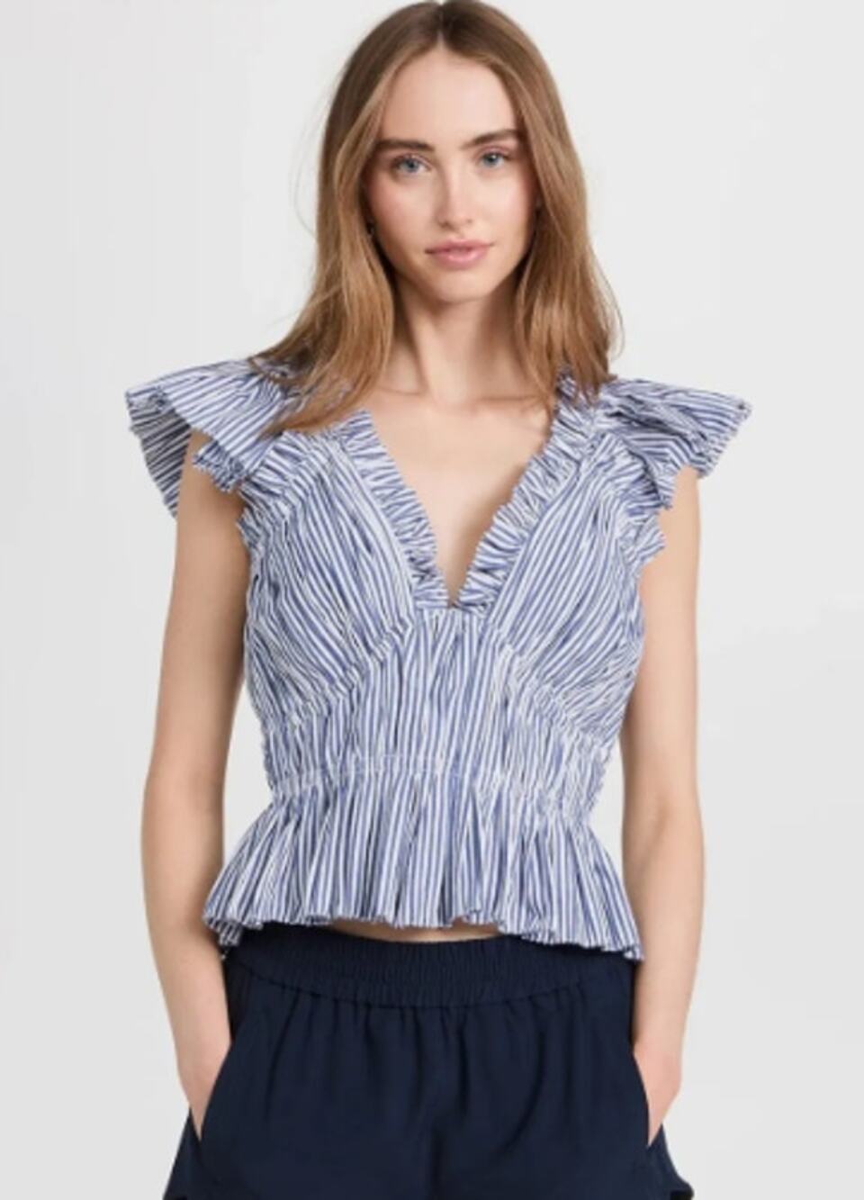 SEA New York Striped Ruffle Blouse V-Neck Flutter Sleeve Smocked Peplum Top